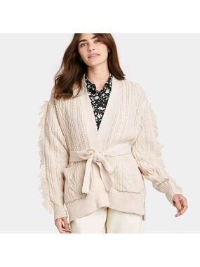 WHO WHAT WHERE CREAM FRINGE TRIM CHUNKY CABLE-KNIT CARDIGAN TIE BELT SIZE SMALL